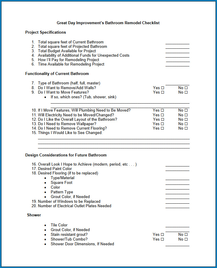 Free Printable Bathroom Remodel Checklist Template