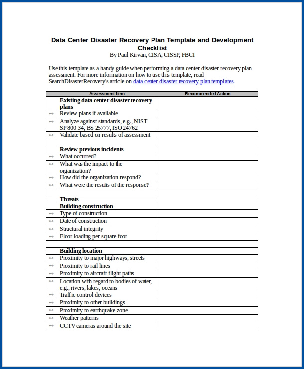 Disaster Recovery Checklist Template Example