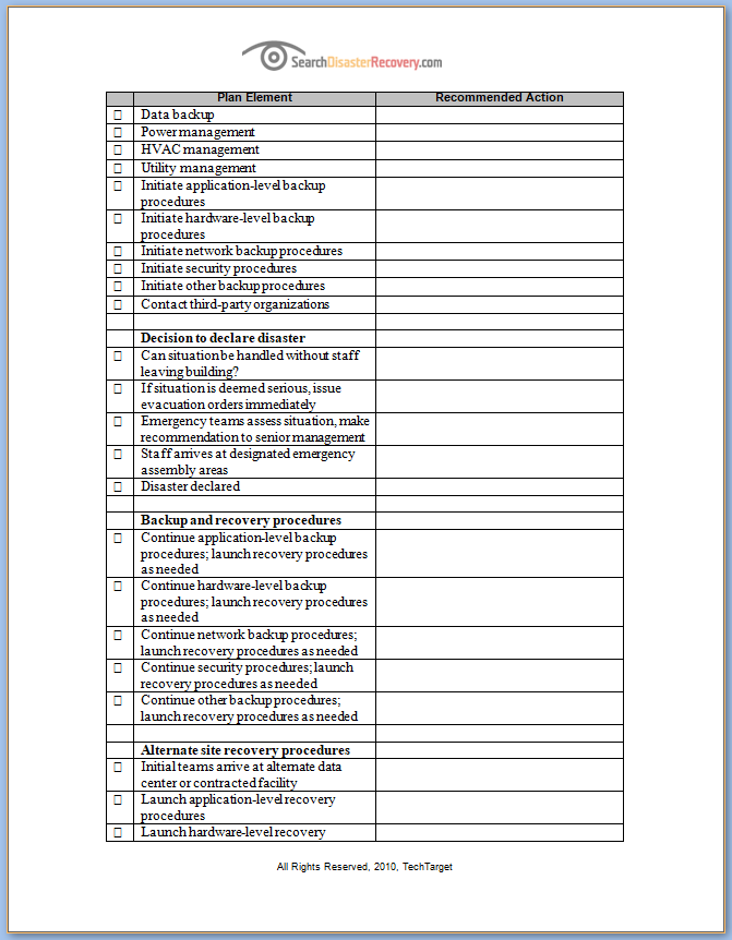 Free Printable Disaster Recovery Checklist Template