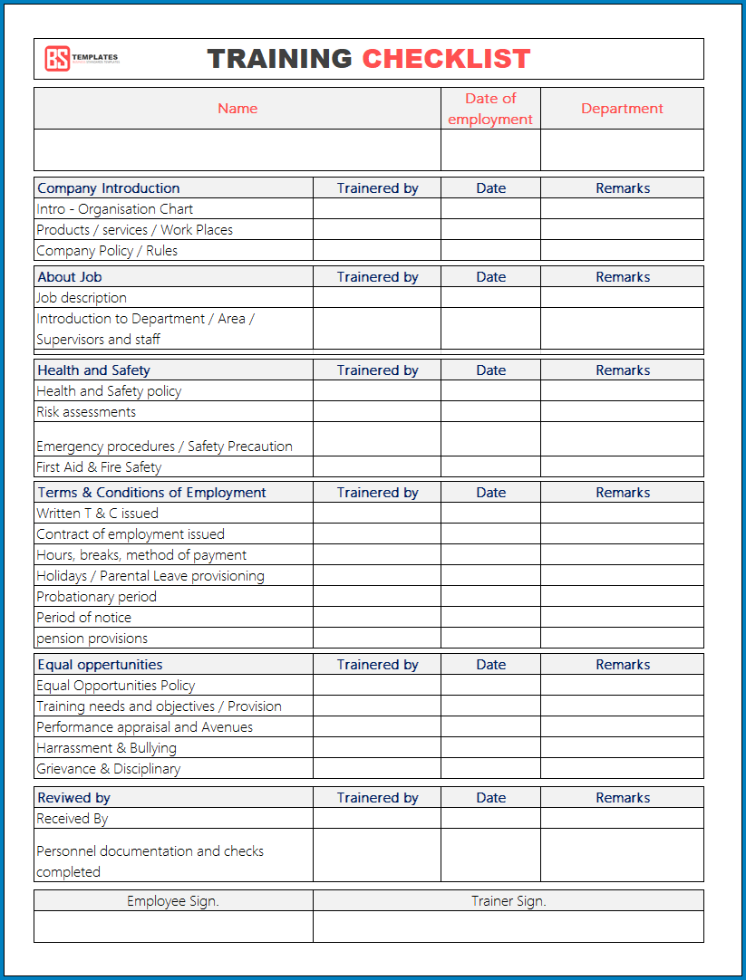Employee Training Checklist Template Example