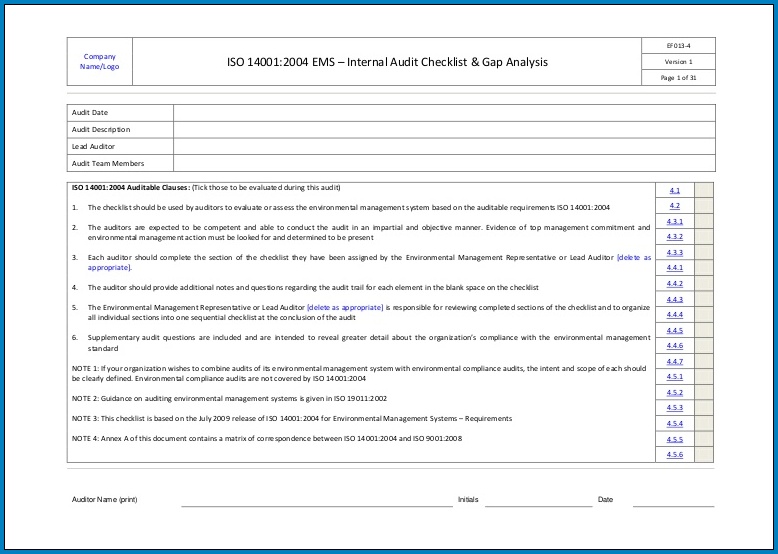 Environmental Compliance Audit Checklist Template Example