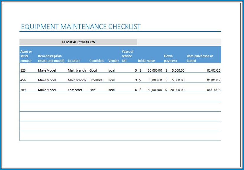 Equipment Checklist Template Sample