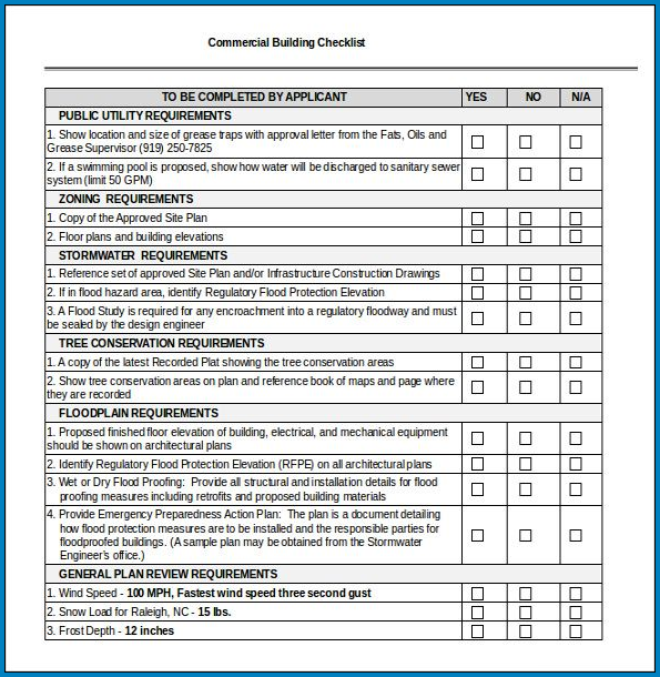 Example of Building Checklist Template