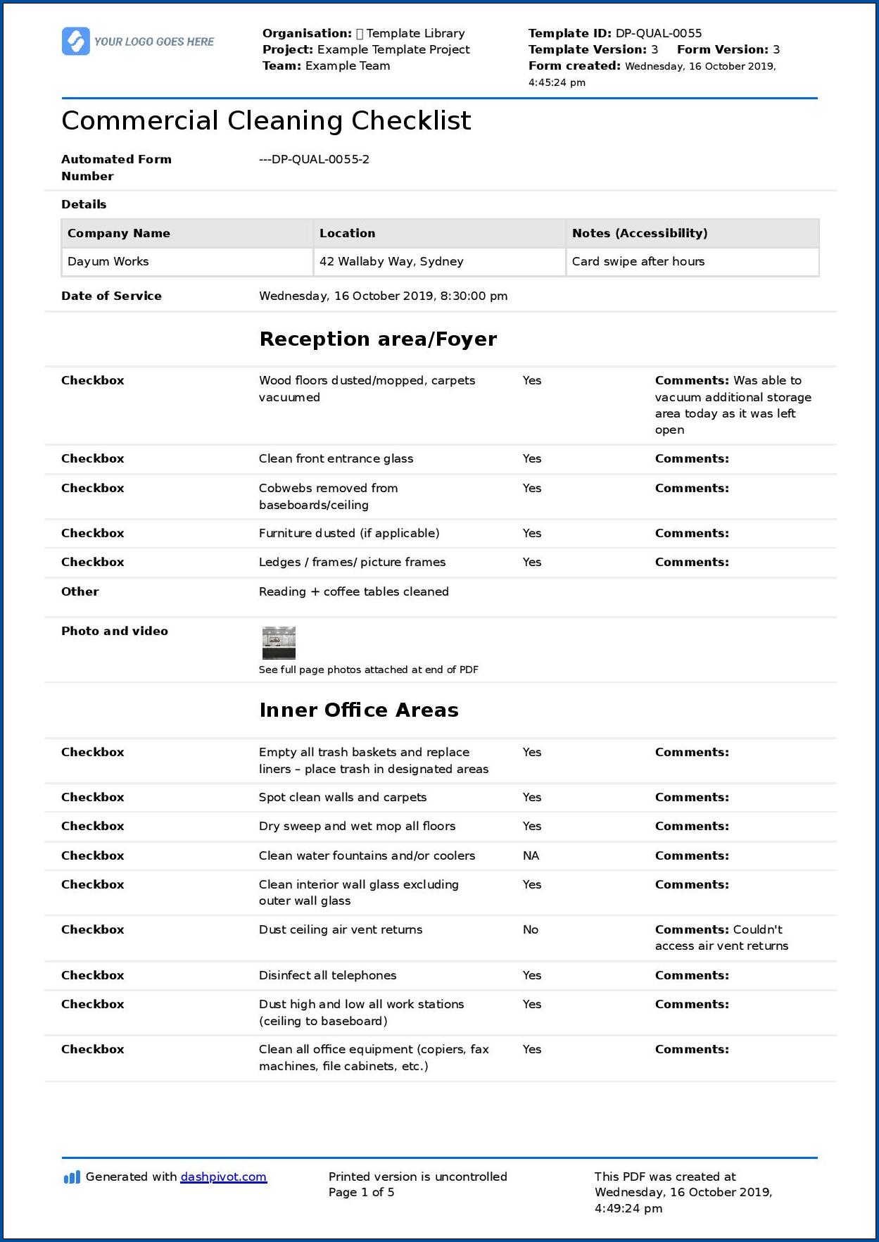Example of Cleaning Checklist Template