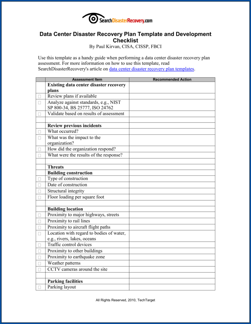 Example of Disaster Recovery Checklist Template