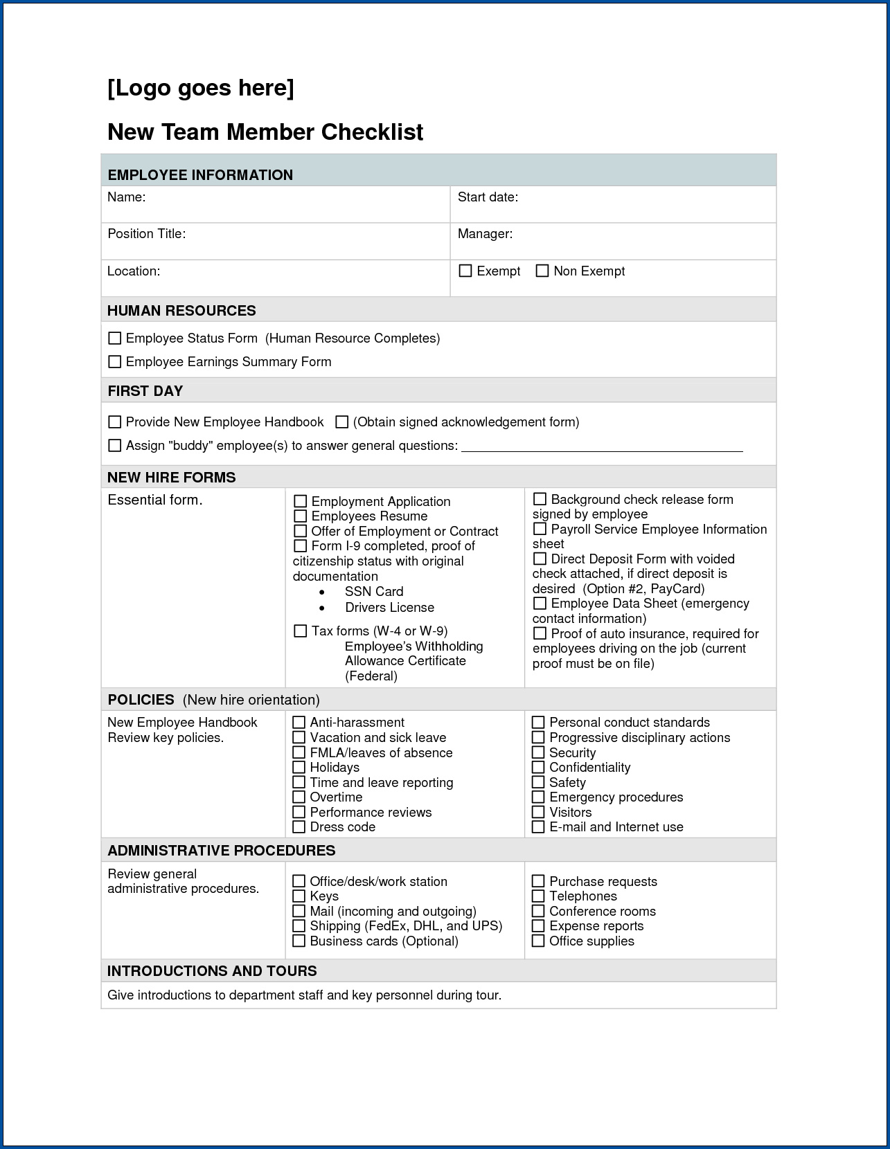 Example of Hiring Checklist Template