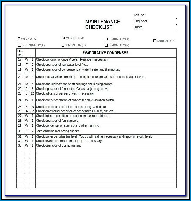 Example of Maintenance Checklist Template
