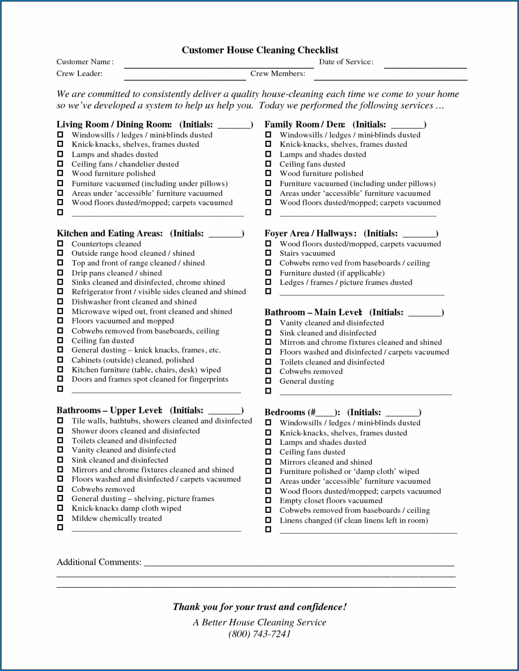 Example of Professional House Cleaning Checklist Template