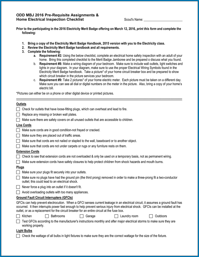 Example of Residential Electrical Inspection Checklist Template