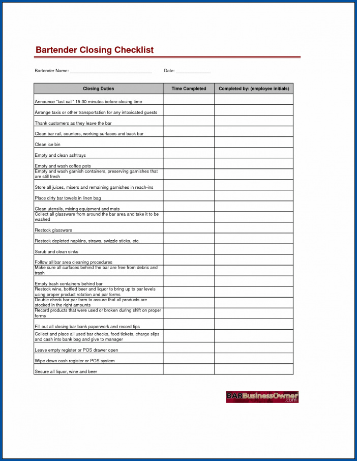 Example of Restaurant Checklist Template