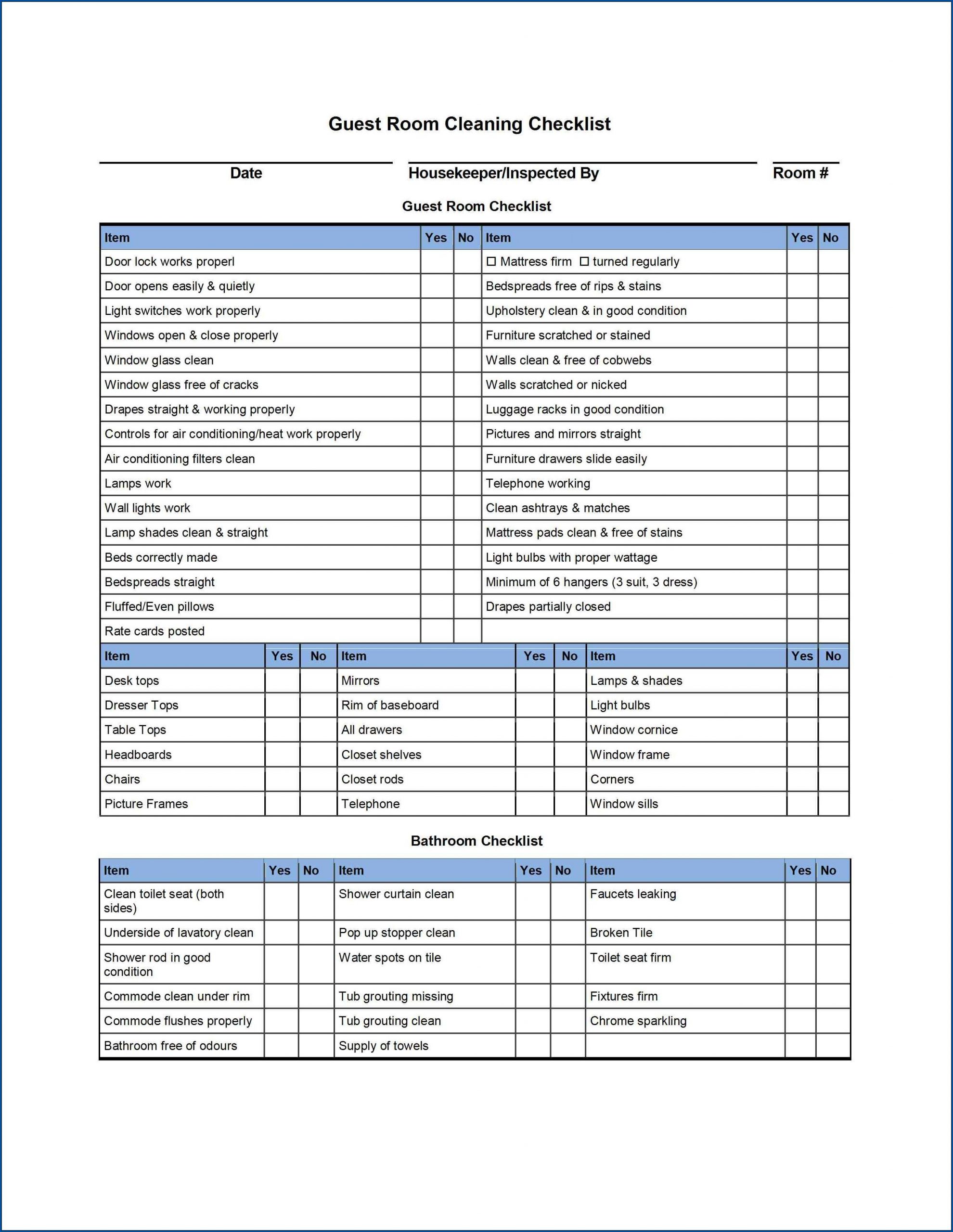 Example of Room Cleaning Checklist Template