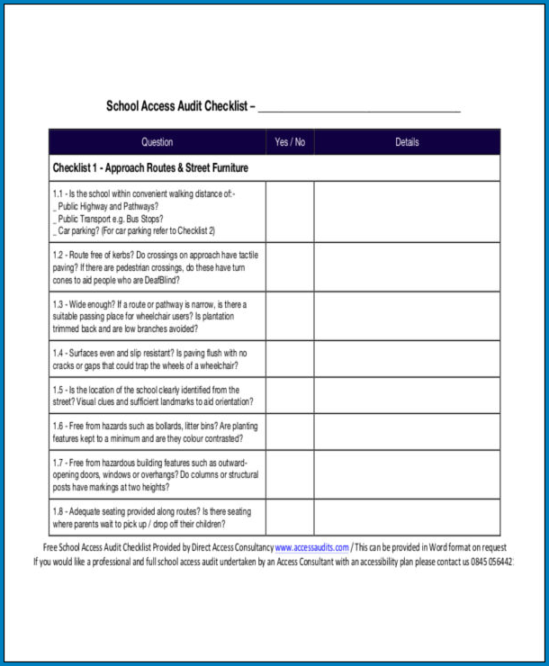 Example of School Safety Audit Checklist Template