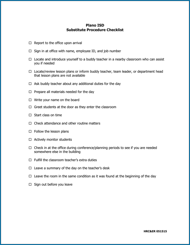Example of Substitute Teacher Checklist Template