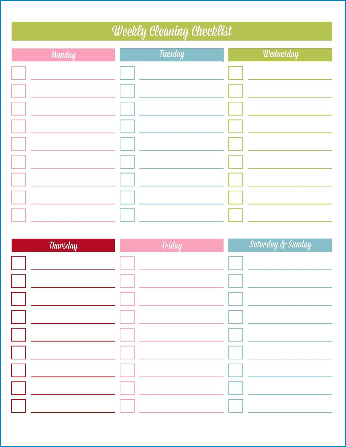 Example of Weekly Checklist Template