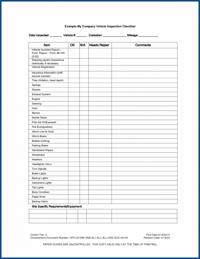 Fleet Vehicle Checklist Template Example