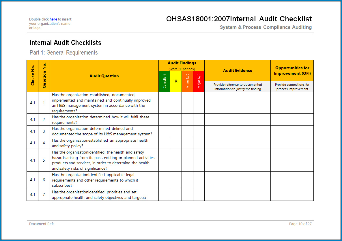 Free Printable Internal Audit Checklist Template