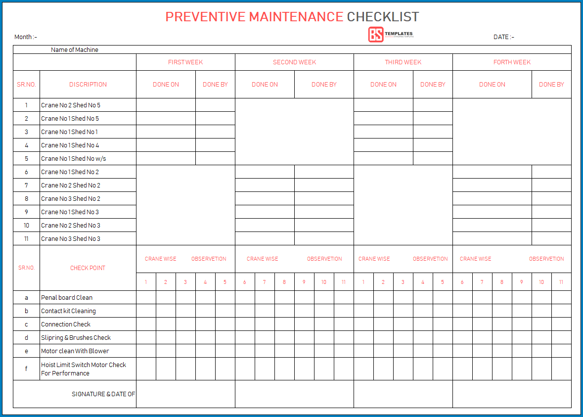 Maintenance Checklist Template Example