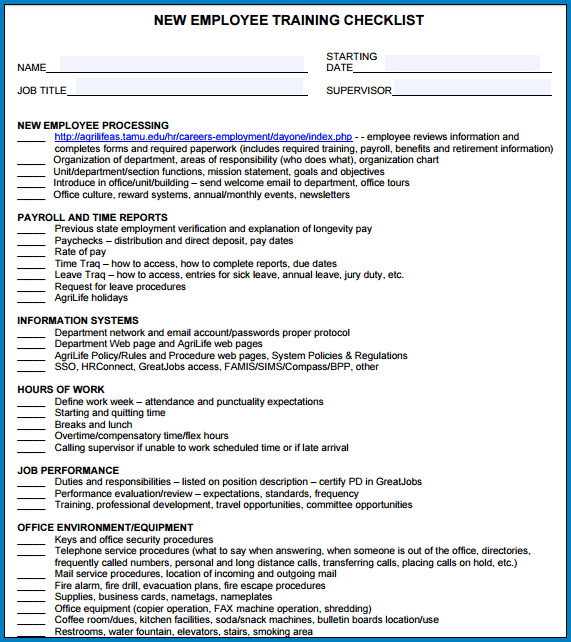New Employee Training Checklist Template Example