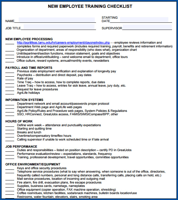 New Hire Training Checklist Template Example