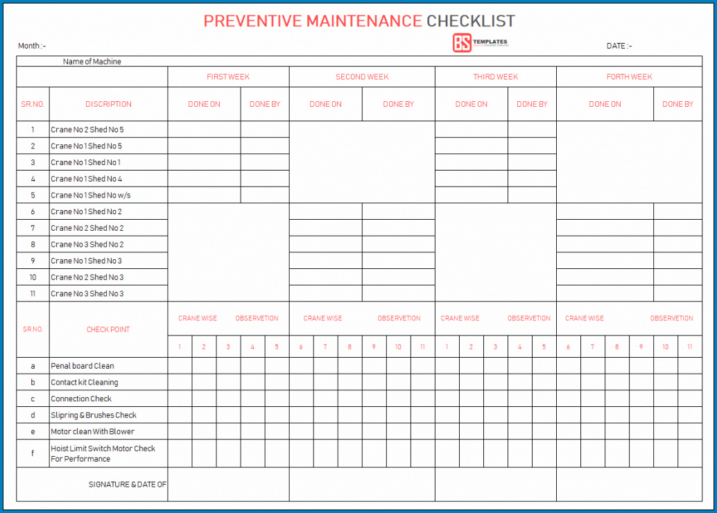 Preventive Maintenance Checklist Template Sample