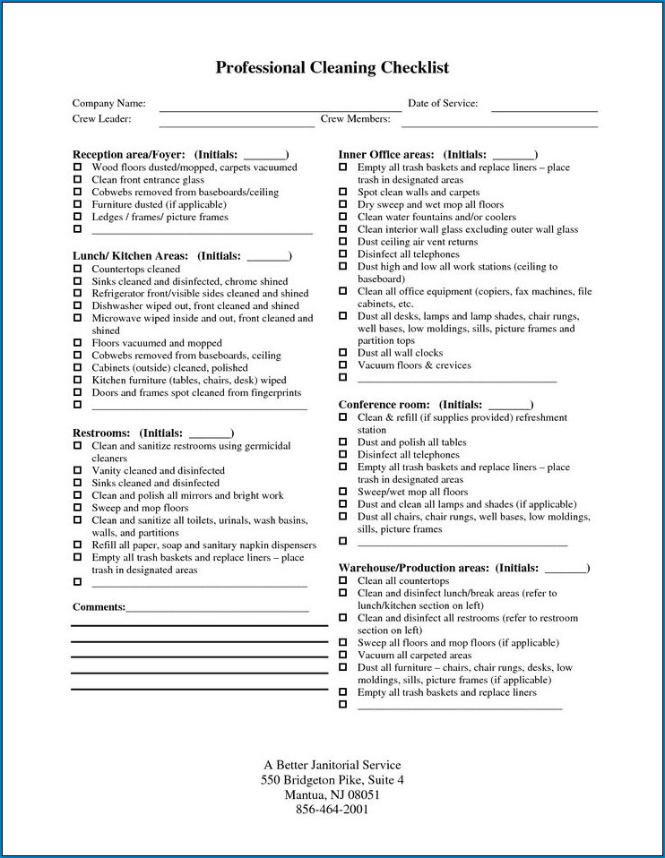 Professional House Cleaning Checklist Template Sample