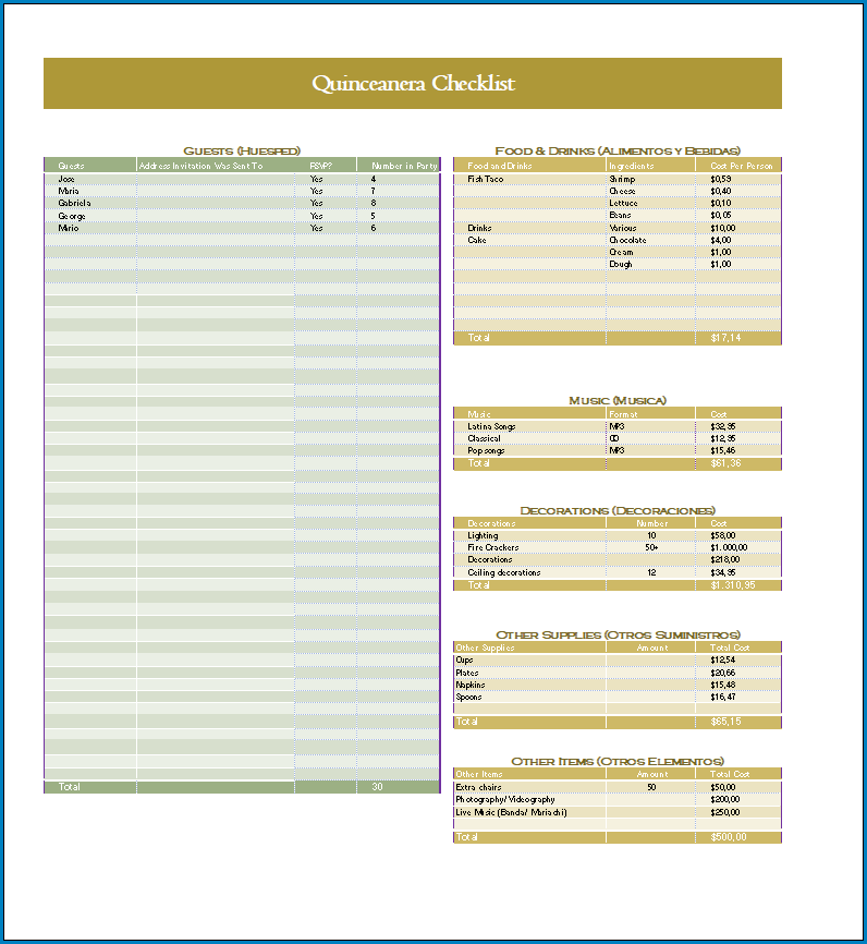 Free Printable Quinceanera Checklist Template