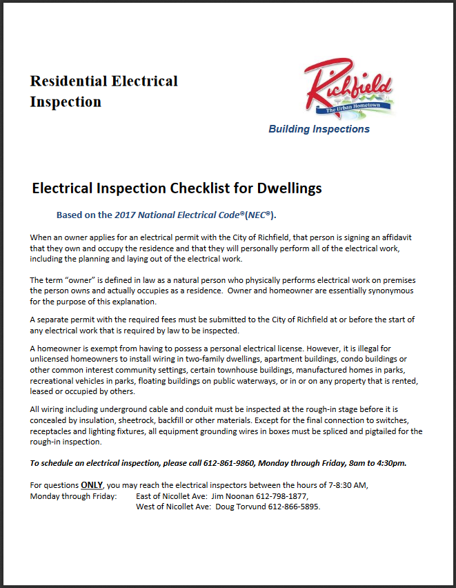 Free Printable Residential Electrical Inspection Checklist Template
