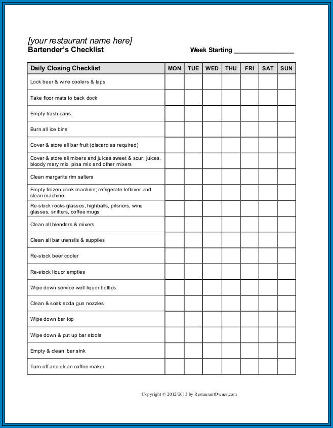 Restaurant Side Work Checklist Template Database