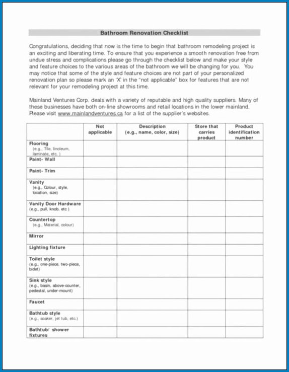 Sample of Bathroom Remodel Checklist Template