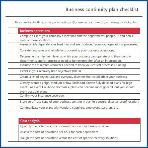 Sample of Business Continuity Plan Checklist Template