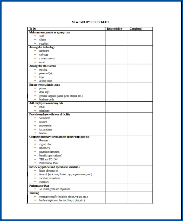 Sample of Employment Checklist Template