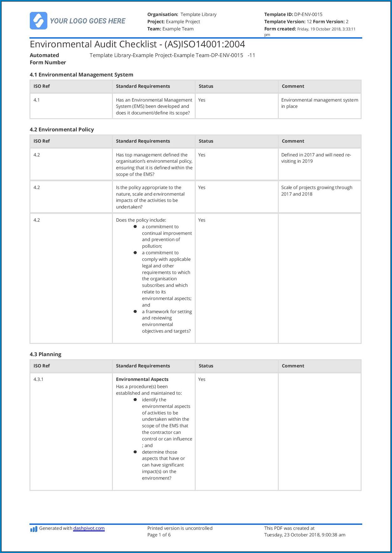 Sample of Environmental Compliance Audit Checklist Template