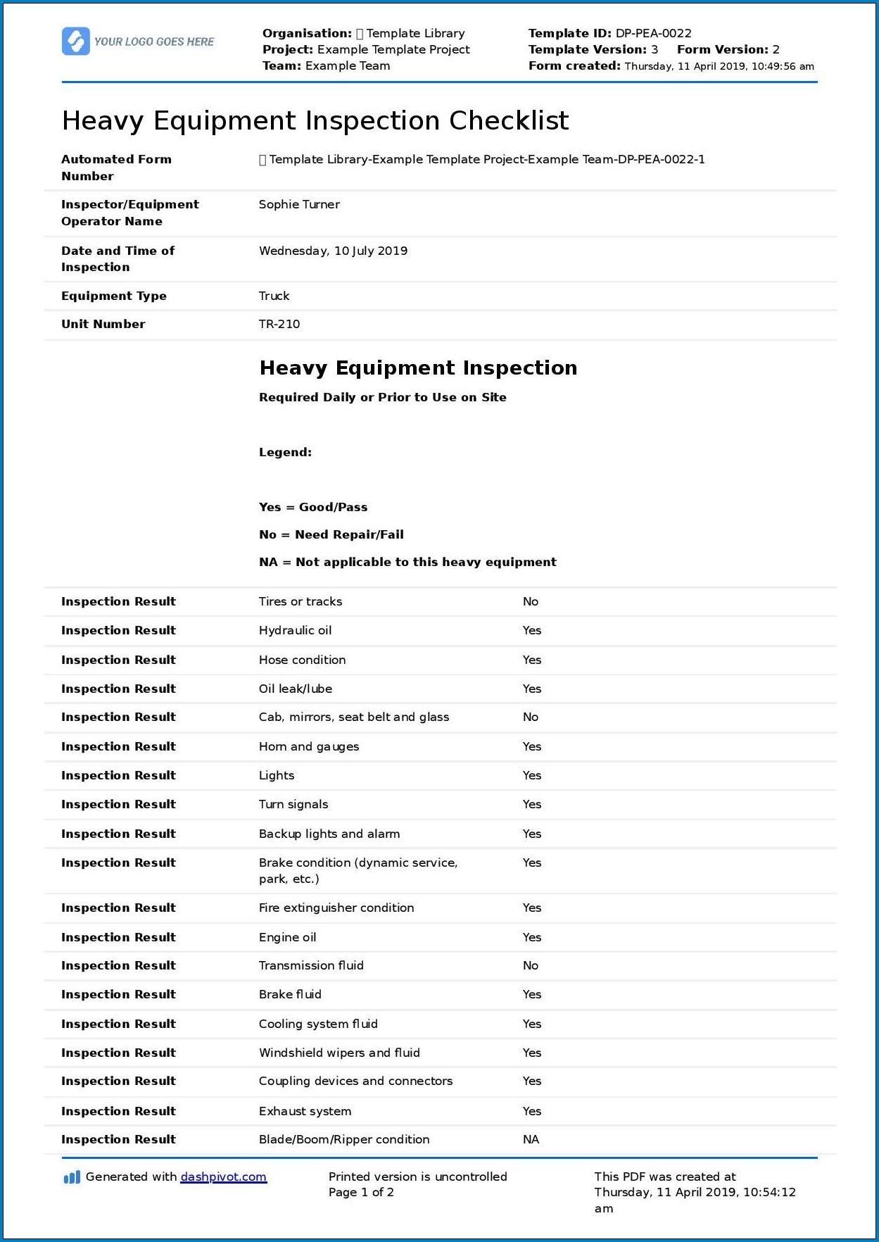 Sample of Equipment Checklist Template
