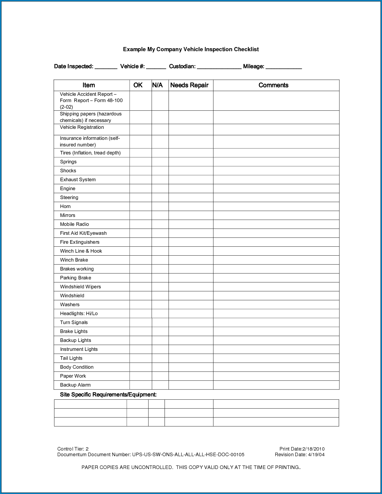 Sample of Company Vehicle Inspection Checklist Template