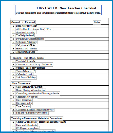 Sample of New Teacher Checklist Template