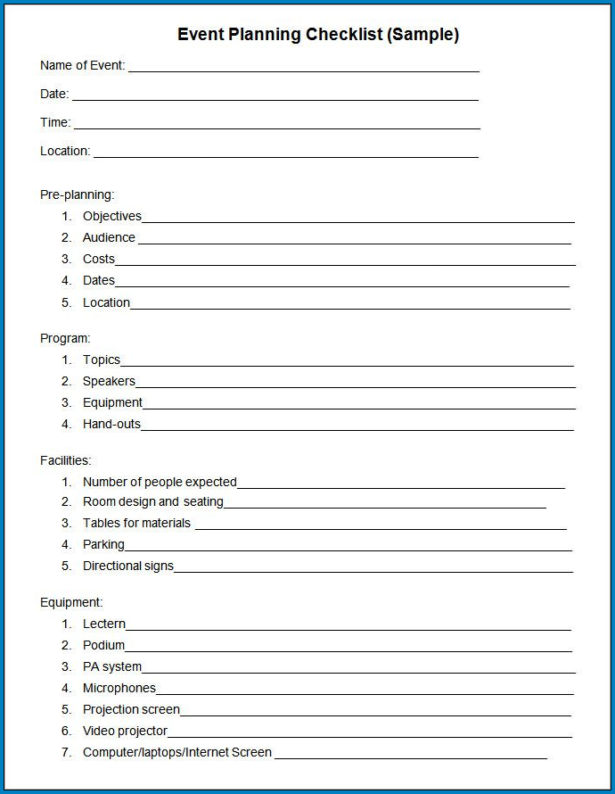 Sample of Party Planner Checklist Template