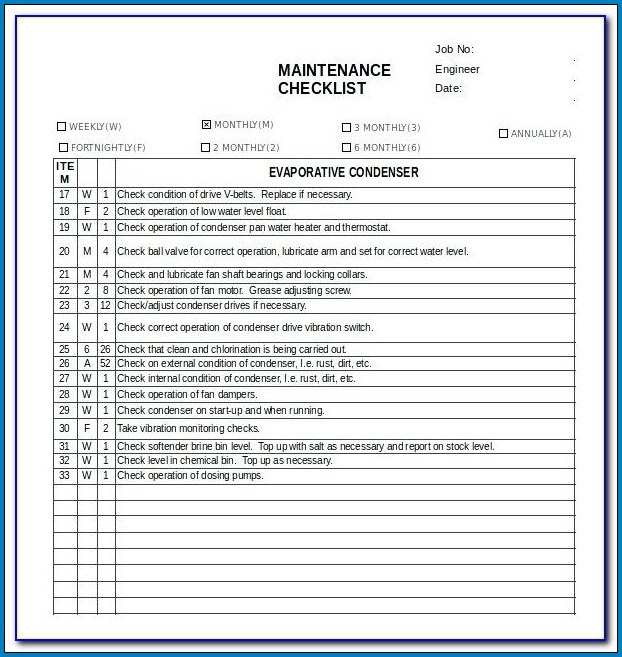 Sample of Preventive Maintenance Checklist Template