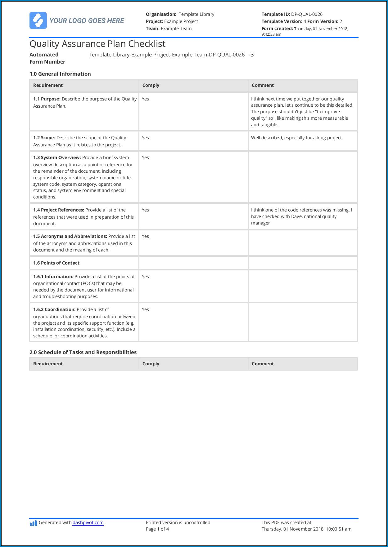Sample of Quality Assurance Checklist Template