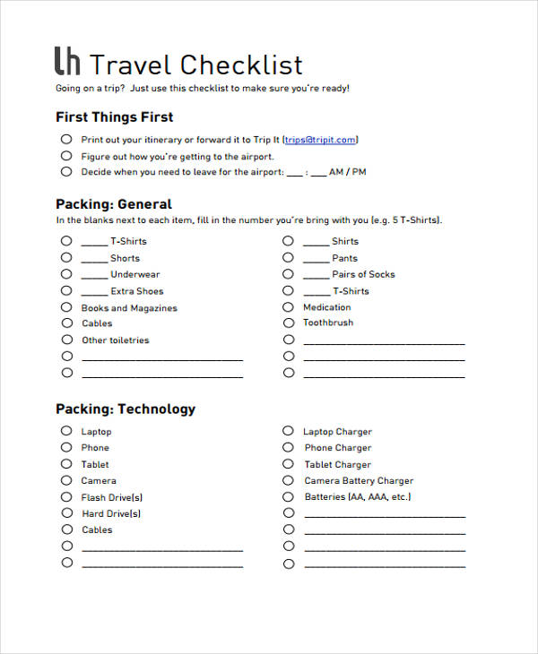 Sample of Traveling Checklist Template