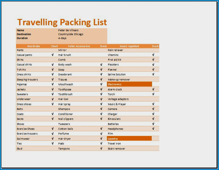 Travel Checklist Template Example