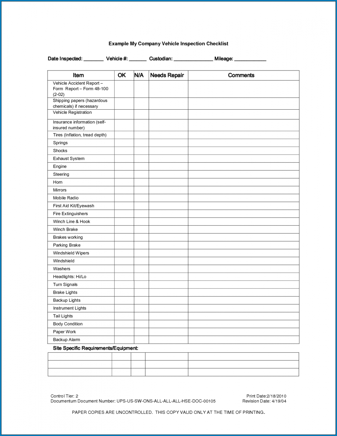 Free Printable Truck Maintenance Checklist Template Checklist Templates