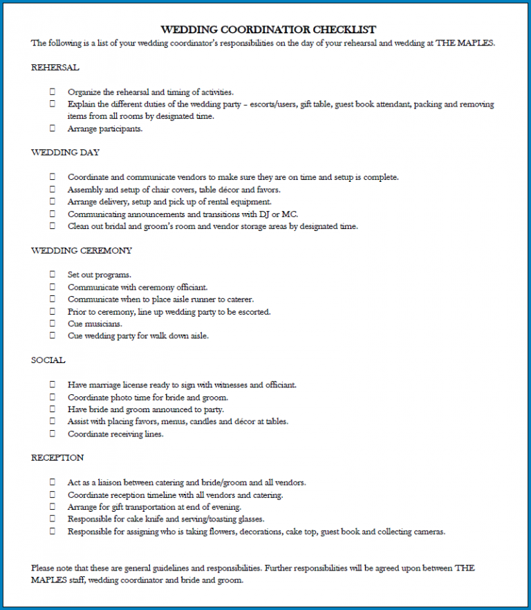  Free Printable Wedding Coordinator Checklist Template Checklist