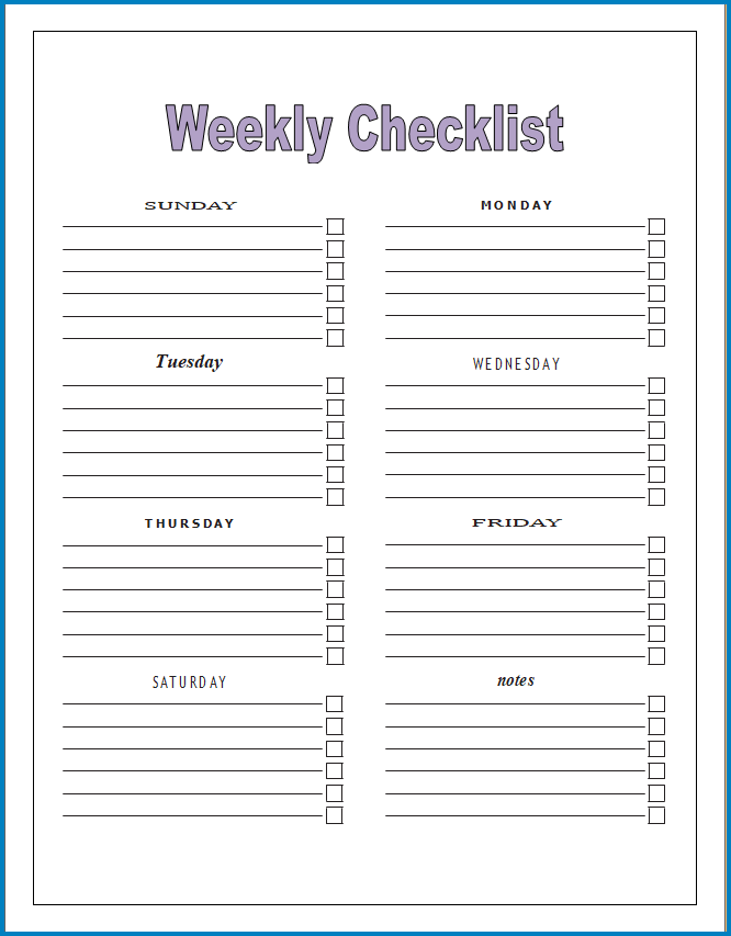 Free Printable Weekly Checklist Template
