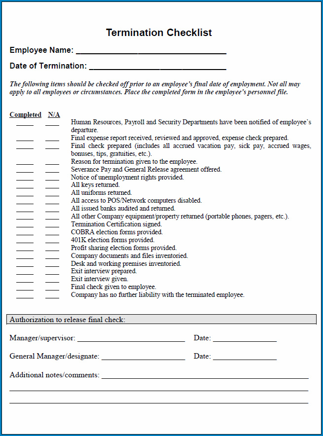 sample of termination checklist template