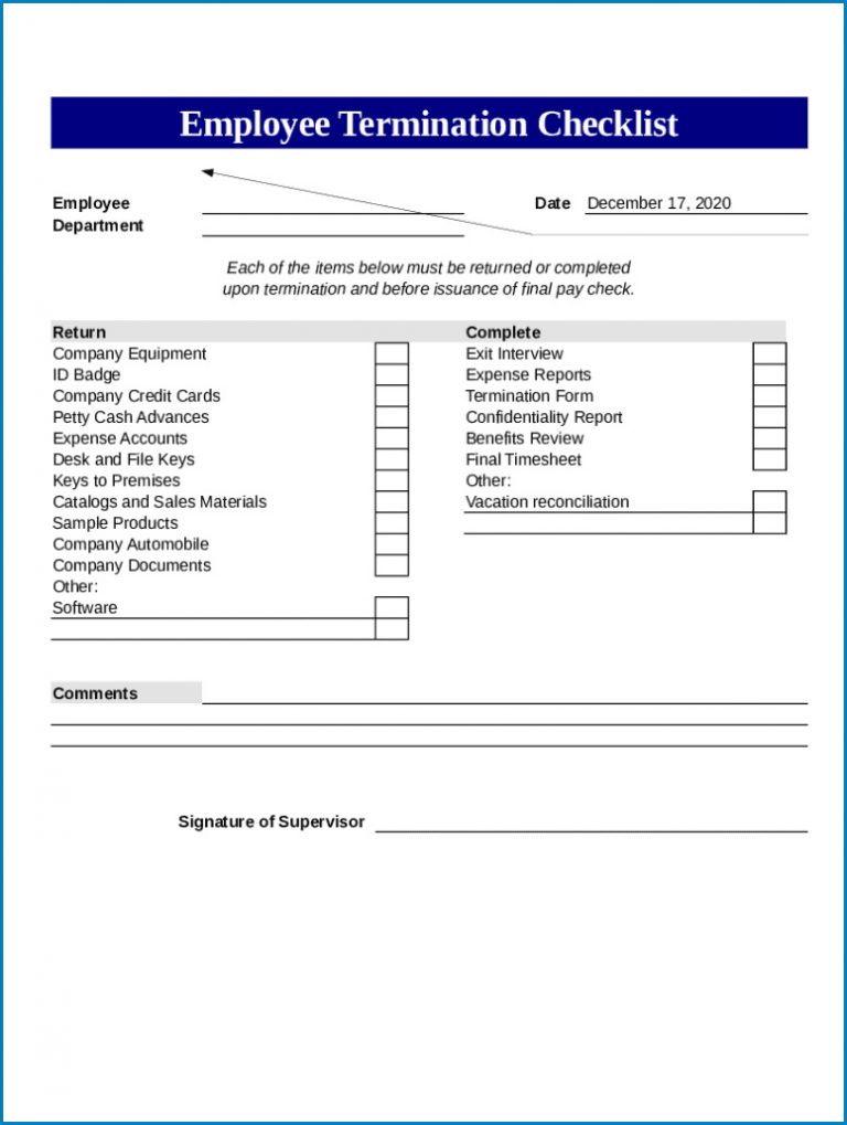 √ Free Printable Termination Checklist Template